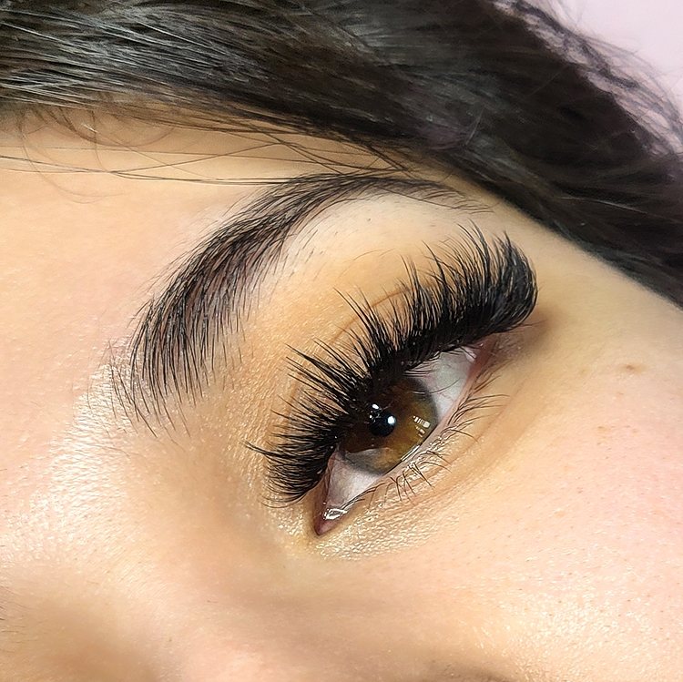Wispy volume lashes on a brown eye